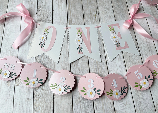 Daisy High Chair Banner - One Banner, First Birthday Decor, Flower 1st Sign, Garland, Wildflower One Sign