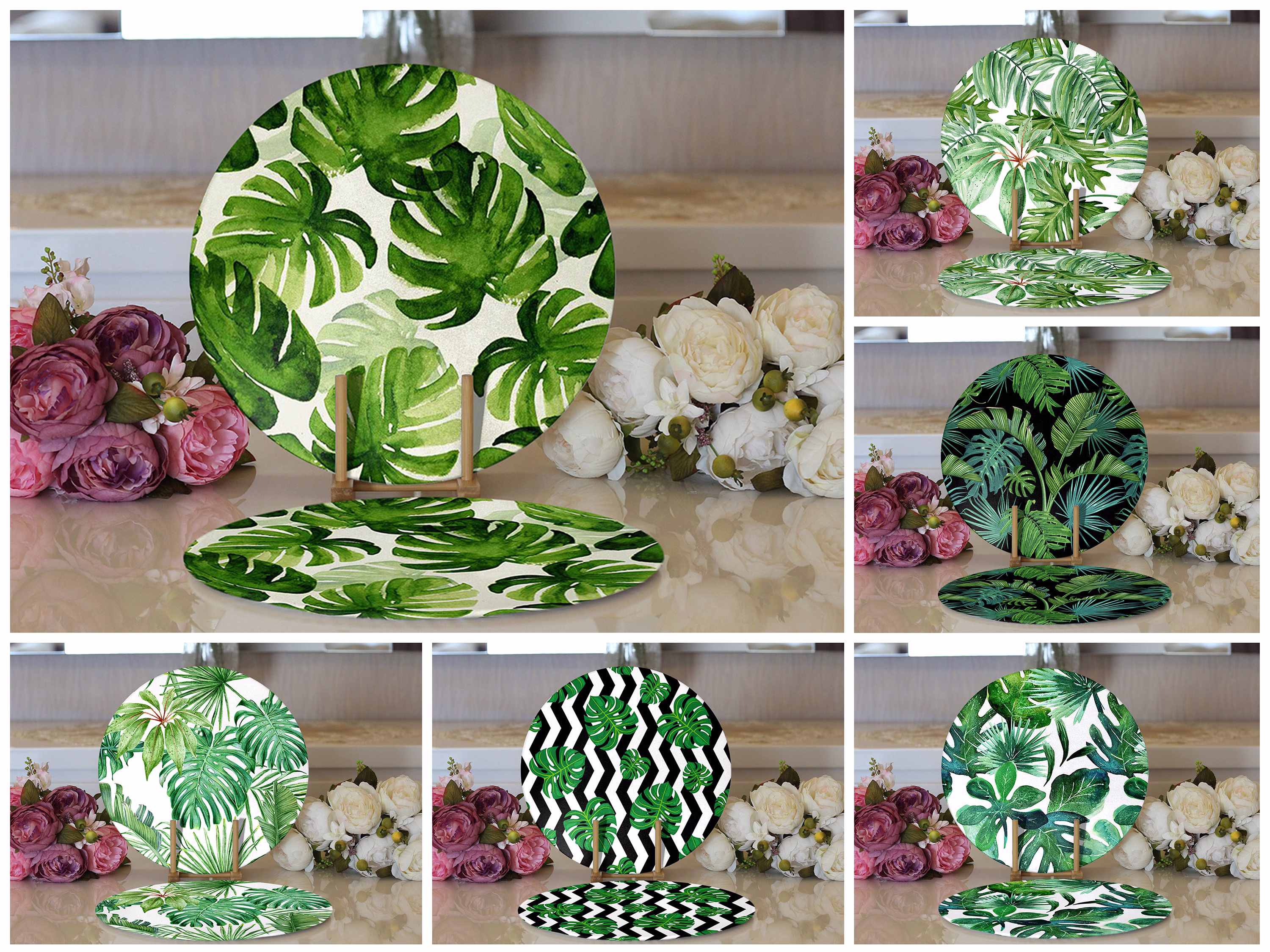 Green Leaves Placemat| Tropical Table Mat| Underplate| Palm Leaf Supla| American Service|Green Round Mat