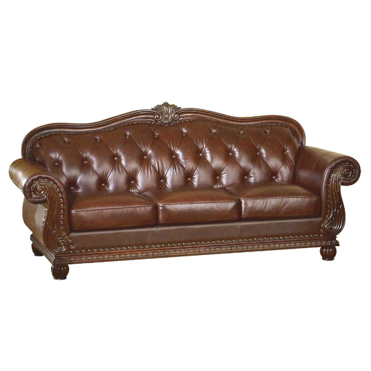 Vintage Wood and Leatherette Sofa with Nail head Trim, Espresso Brown