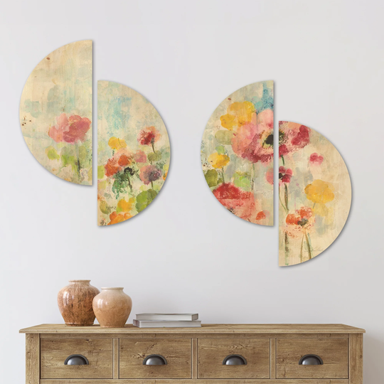 Designart 'Summer Rain Floral' Cottage Wood Wall Art Set of 4 Half Circles - Multi-Color