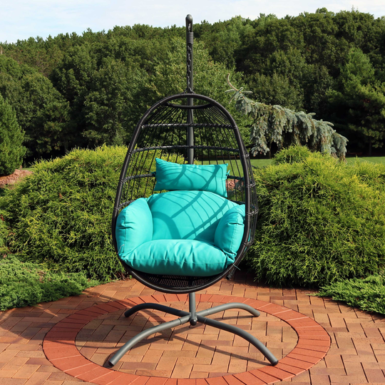 Penelope Hanging Egg Chair with Seat Cushions and Stand - Turquoise - Chair with Stand