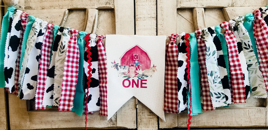 Farm Barn 1st Birthday High Chair Banner, Barnyard Highchair Decor, Horse, Pig, Cow, Garland