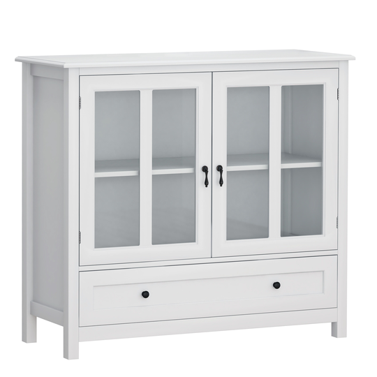 EYIW Sideboard with 2 Glass Doors, Adjustable Shelf and Large Drawer, Wood Frame Storage Cabinet with Metal Handles