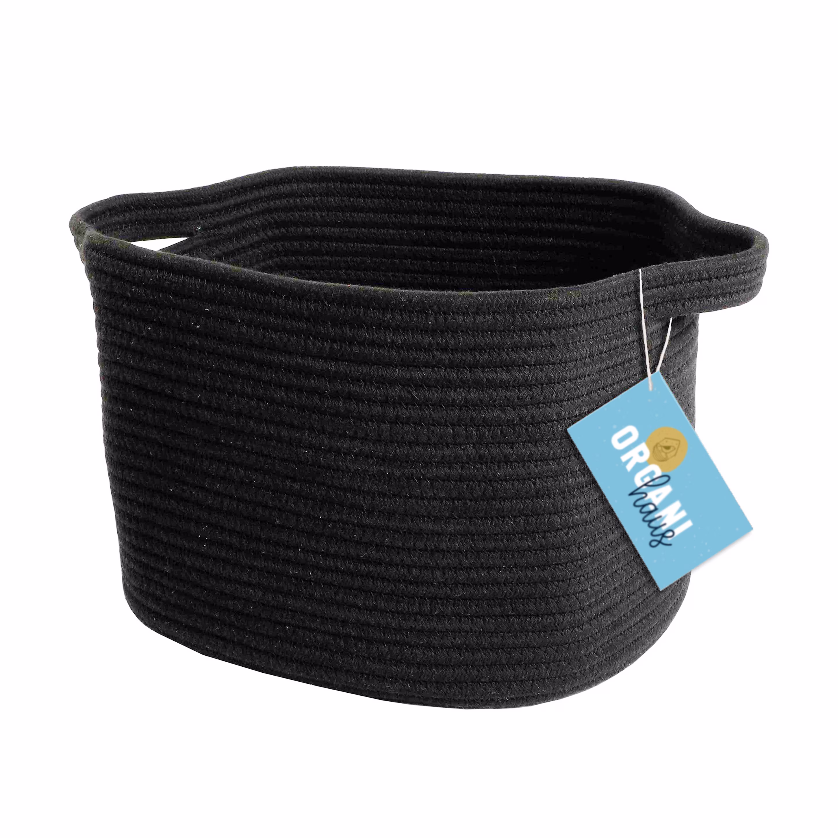 Organihaus Rope Magazine Basket With Handles | Decorative Rectangular For Books, Office, Towels 14' X 9' - Black