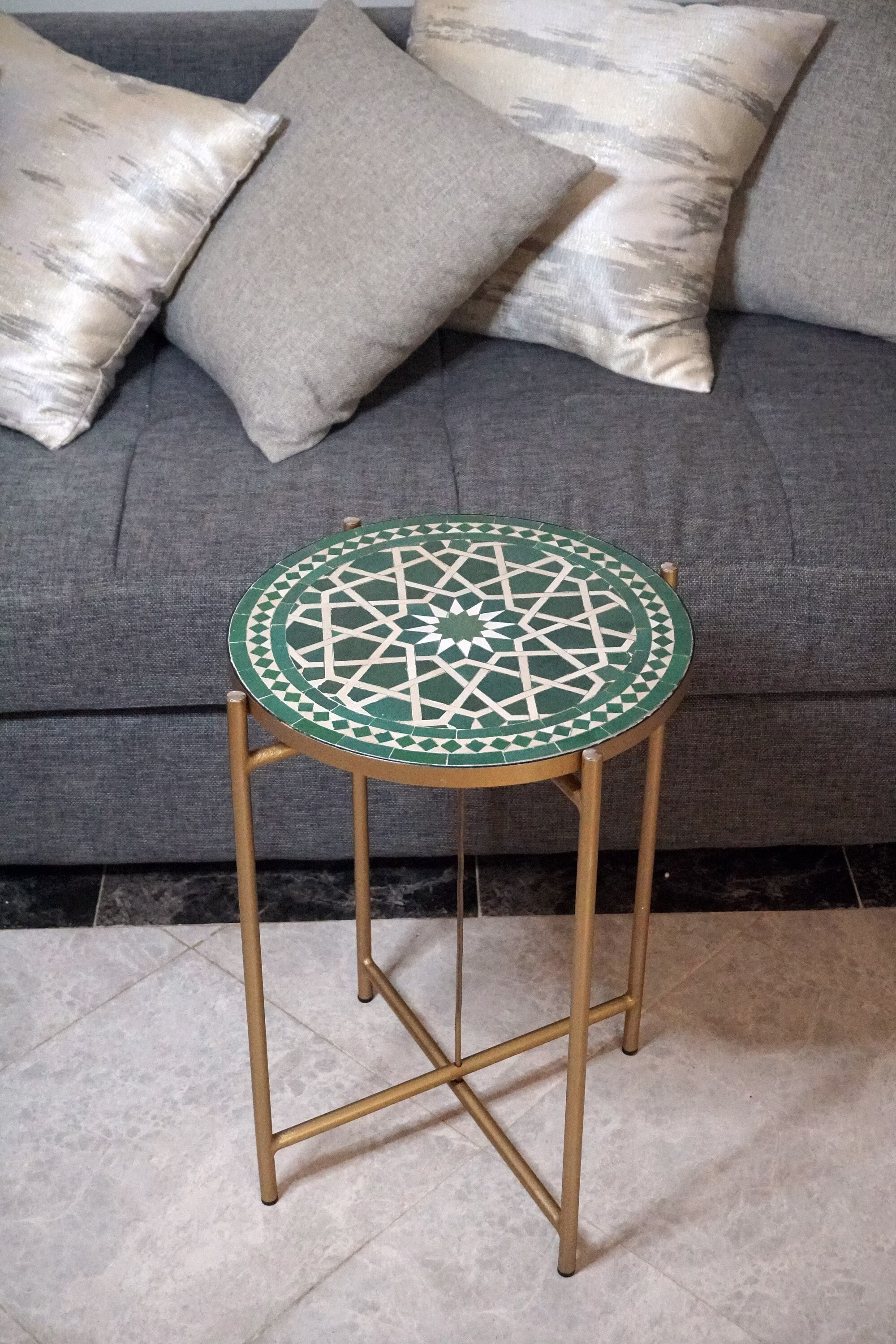 Green & Beige Mosaic Table - Custom Your Height & Colors Mid Century Modern Patio Handmade Coffee For Outdoor & Indoor