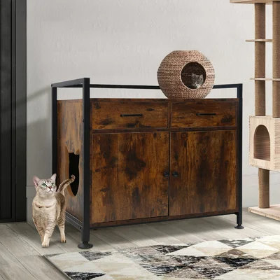 Wooden Cat Litter Box Cabinet Pet House End Table Drawer Storage