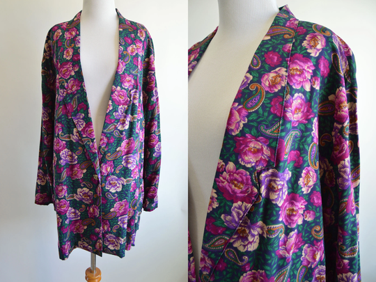 Floral Paisley Blazer Dark Green & Magenta Flower Print Oversized Vintage 1980S 1990S Xl Grandma Jacket 3X