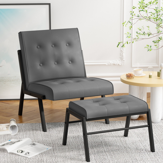 Mieres Mid-Century Style Faux Leather Upholstered Accent Chair with Ottoman, 23.6'' Wide Tufted Armless Chair for Living Room
