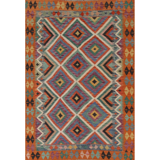 Geometric Kilim Multi-Color Rug Hand-woven Wool Carpet - 5'0"x 6'9"