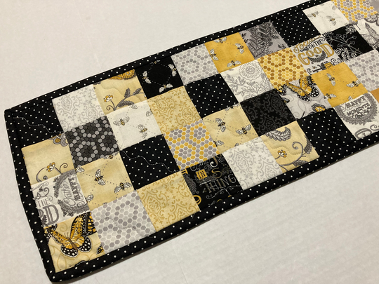 Quilted Table Runner, Topper, Modern Bees Butterflies Quilt, Gold Gray Black, Man Cave Decor, Bee Lover Gift