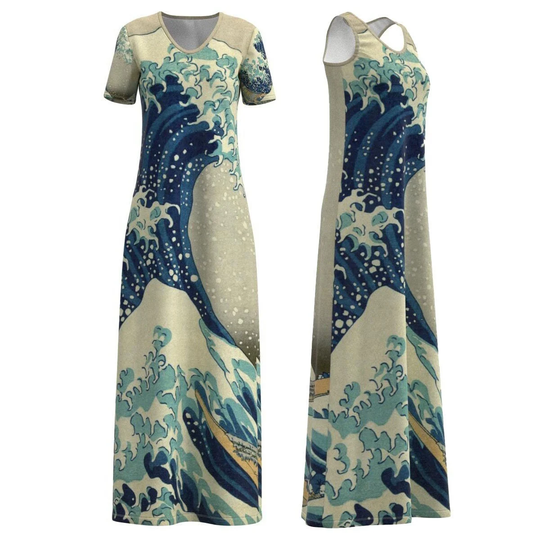Hokusai Great Wave Off Kanagawa Japan Painting Fine Art Modest Long Maxi Dress Short Sleeve Sleeveless