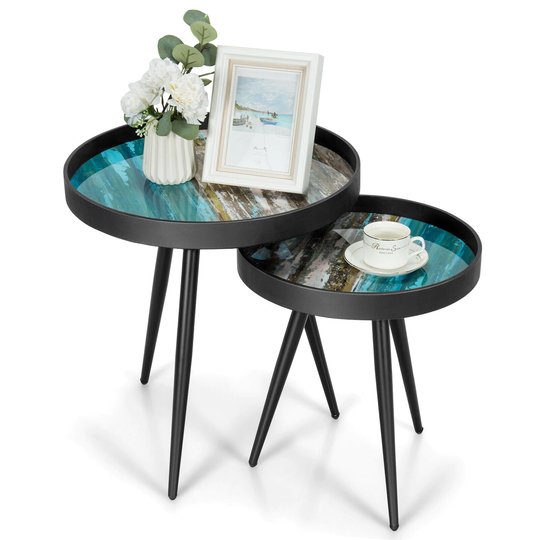 Gymax Set of 2 Coffee Table Stylish Nesting End Tables w/ Wooden Tray