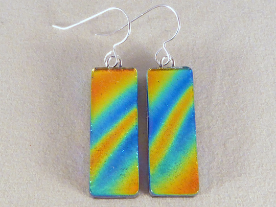 Multi Colored Rainbow Dichroic Fused Glass Dangle Earrings
