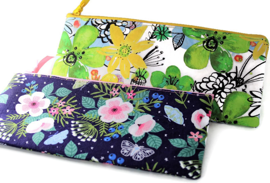 Pencil Case Navy Green Floral Fabric Zipper Pouch Makeup Cosmetic Accessory Bag Handmade Gift For Her - Personalized First Name/Word