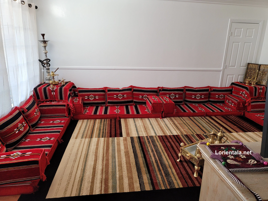 Big U Shape Black Red Arabic Floor Sofa Majlis Jordanian Mangal Iraqi Moroccan Living Room Oriental Mehbaj Floor Couch Set Cushions