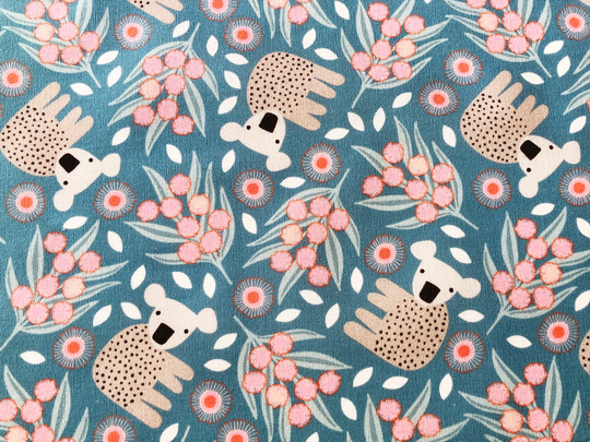 Baby Koala & Wattle Flower Teal Blue Floral Quilting Cotton Fabric By 1/4 Yard, 1/2 Yard Or Fat Quarter, Sunflower Gum Leaves