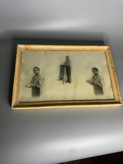 French Antique Religious First Communion Young Boy Painting Frame Pencil Etching Art Signed By Artist
