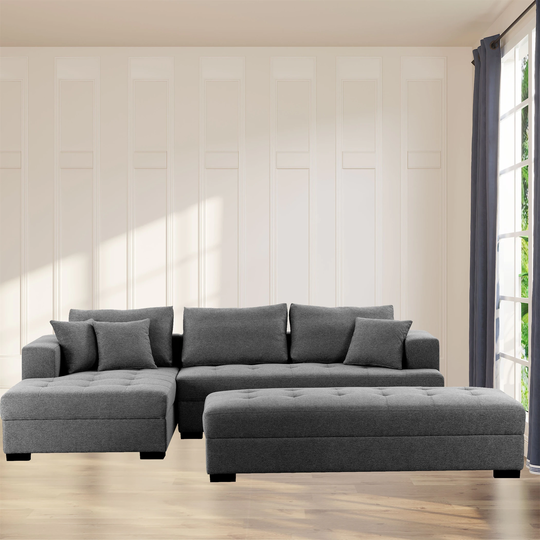 Tufted Fabric 3-Seat Sectional Sofa Couch Set w/Chaise Lounge Ottoman