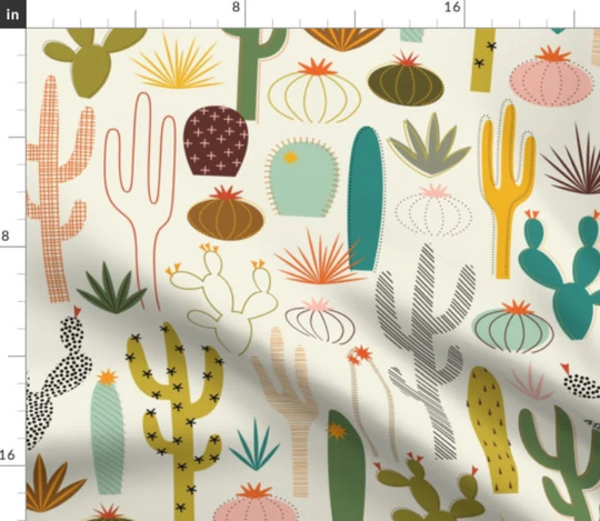 Mod Desert Garden Fabric By The Yard | Cactus Saguaro Mid Century Modern Print To Order