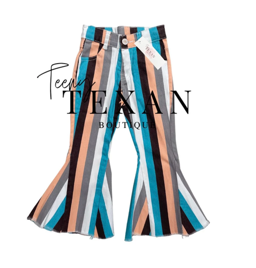 Kids Western Rodeo Multi Stripe Turquoise Bell Bottom Flare Jeans