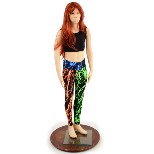 Kids Neon Uv Glow Lightning Leggings. Waistband in Blue Lightning, Right Leg Green Left Orange 1579157