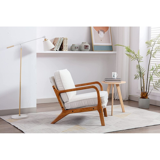 Lounge Arm Chair, Mid Century Modern Accent Chair, Wood Frame Armchair for Living Room, Bedroom, Beige Fabric