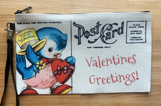 Valentine Change Purse, Pencil Case, Make Up Bag, Zippered Pouch. Blue Bird Valentine. Valentines Gifts