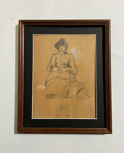 1901 French Master Paul Allier | 1883-1967 Colored Pencil Drawing. Portrait Of Sitting Woman