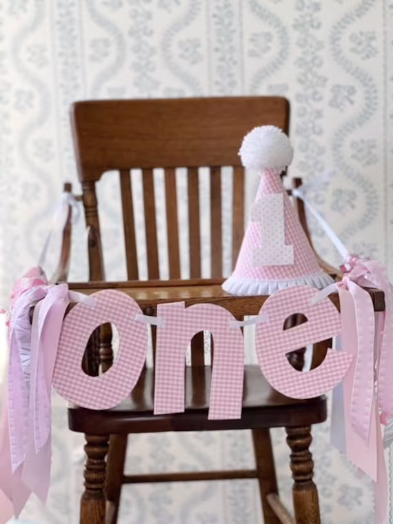 Pink Gingham One High Chair Banner & Hat For A First Birthday