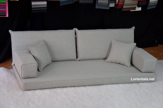 Linen Fabric Beige Gray Floor Sofa Turkish Arabic Living Room, Oriental Moroccan Home Decor Couch, Cushions Set, Yoga Meditation Modern Art Bed