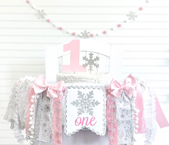 Winter Onederland Fabric High Chair Tutu, Pink Highchair Banner, Garland, Ice Princess Party, Snowflake Silver