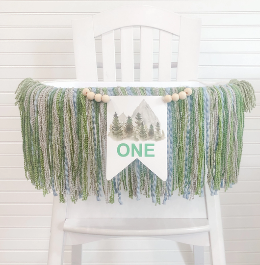 Mountain Forest Birthday High Chair Yarn Tassel Banner, Cake Smash Backdrop First