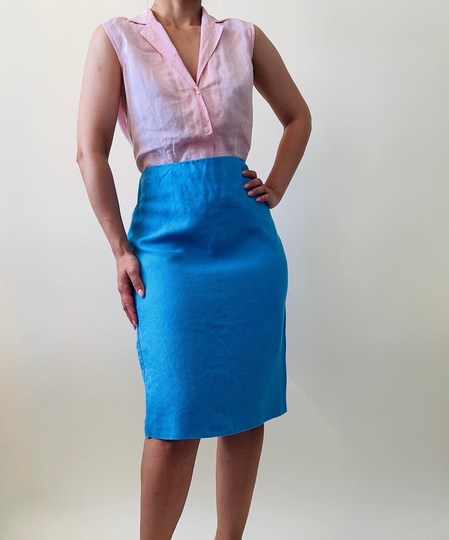Vintage Linen Blue Pencil Skirt, Office Skirt