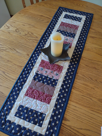 Quilted Table Runner, Patriotic Navy Blue & Dark Red American 13 X 41 Inches