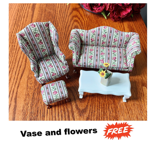 Miniature Sofa & Couch Set 3 Pcs, Furniture Floral Cloth Wing Double Sofa, Chair Ottoman