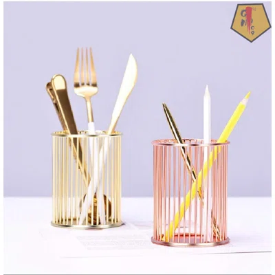 Wire Metal Desktop Pencil Holder, Makeup Brush Holder, Set Of 2, Gold And Rose Gold