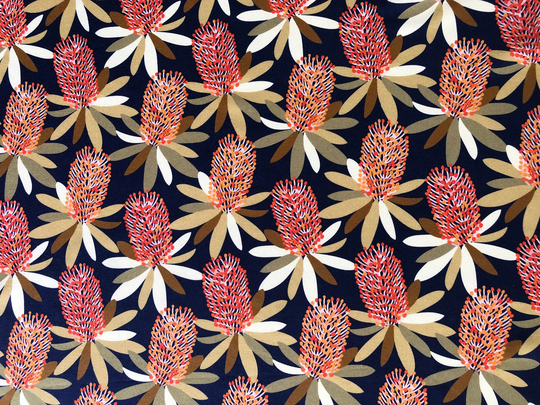 Banksia Blooming Australian Native Floral Navy Beige Quilting Cotton Fabric By 1/4, 1/2 Yard Or Fat Quarter