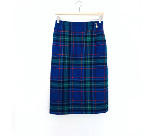 Vintage Pencil Skirt Blue Green Tartan Plaid Wool High Waist Midi Size S, M