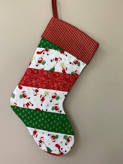 Quilted Christmas Stocking with Santa Claus & Gold Foil Trees