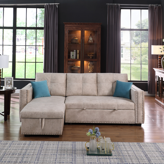 3-seater L-shaped Sofa Reversible Pull-out Sleeper Furniture Sectional Storage Chaise Sofa Bed with Inlaid Rivet Decoration