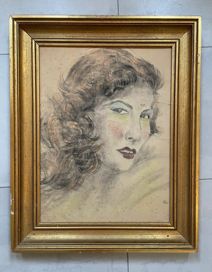 1940S French Colored Pencil Drawing On Paper. Portrait Of Young Woman Wearing Red Lipstick