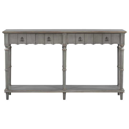 Tyra 63 Inch Console Sideboard Table, Grooved 4 Drawers, Turned Legs, Gray