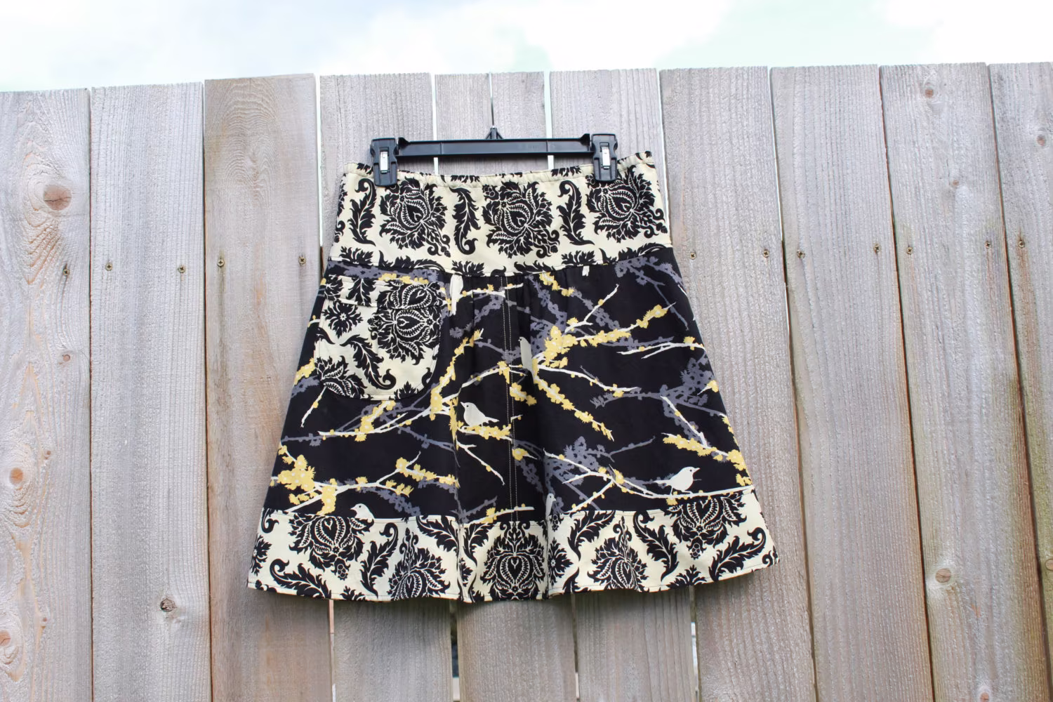 A Line Skirt With A Pocket, Joel Dewberry Winter Sparrows in Cavern With Damask A-Line Custom Made in All Sizes And, Lengths