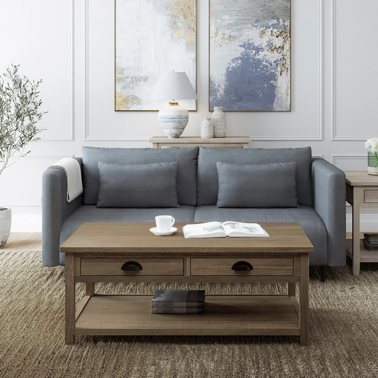 Wood Sofa Table Coffee Table with 2 Drawers & 1 Shelf for Living Room