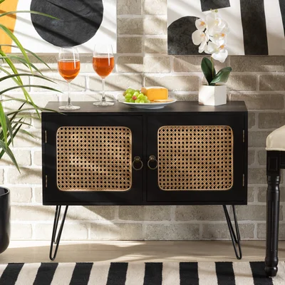 Karp Mid-Century Modern Espresso Brown Finished Wood And Black Metal 2-Door Sideboard Buffet With Rattan
