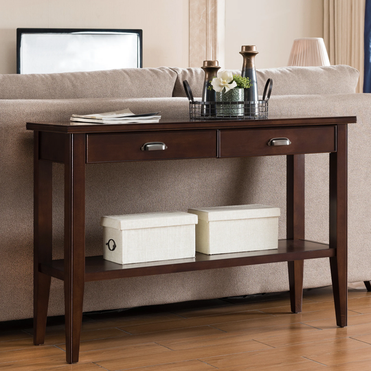 Leick Home 10533 Laurent Two Drawer Sofa Table with Shelf, Chocolate Cherry