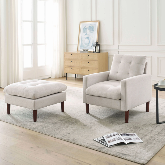 Tufted Chair Single Sofa Chair Armchair with Footrest, Fabric