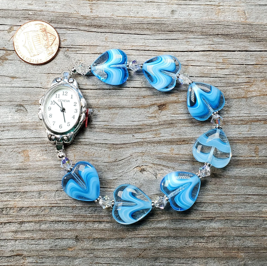 Light Blue Swirl Glass Hearts & Swarovski Crystal Beaded Watch, Very Durable Stretchy Band, Watch Bracelet, Available in Multiple Sizes