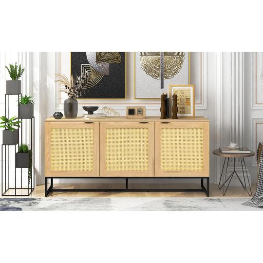 Wicker Sideboard Storage Cabinet 63 inch with 3 doors Wooden MDF Console Table Kitchen Dining Room Storage Cupboard