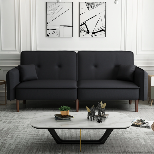 75" Loveseat Sofa Convertible Futon Sofa Bed Modern Living Room Polyester Upholstered Couches with Wood Legs and Two Pillows